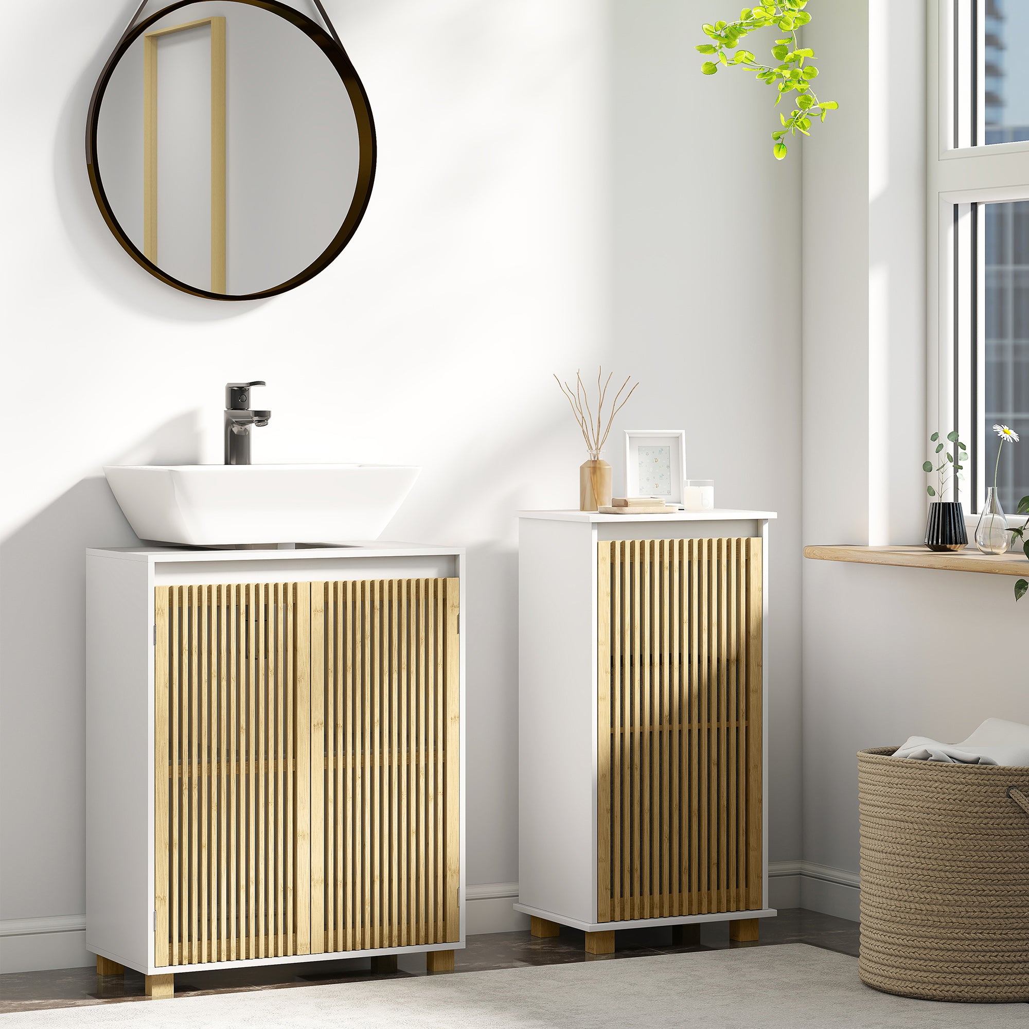 Under Sink Bathroom Cabinet Storage Unit for Pedestal Sink - Bamboo Slatted Door Cupboard, 60 x 30 x 75 cm, Natural Wood Effect