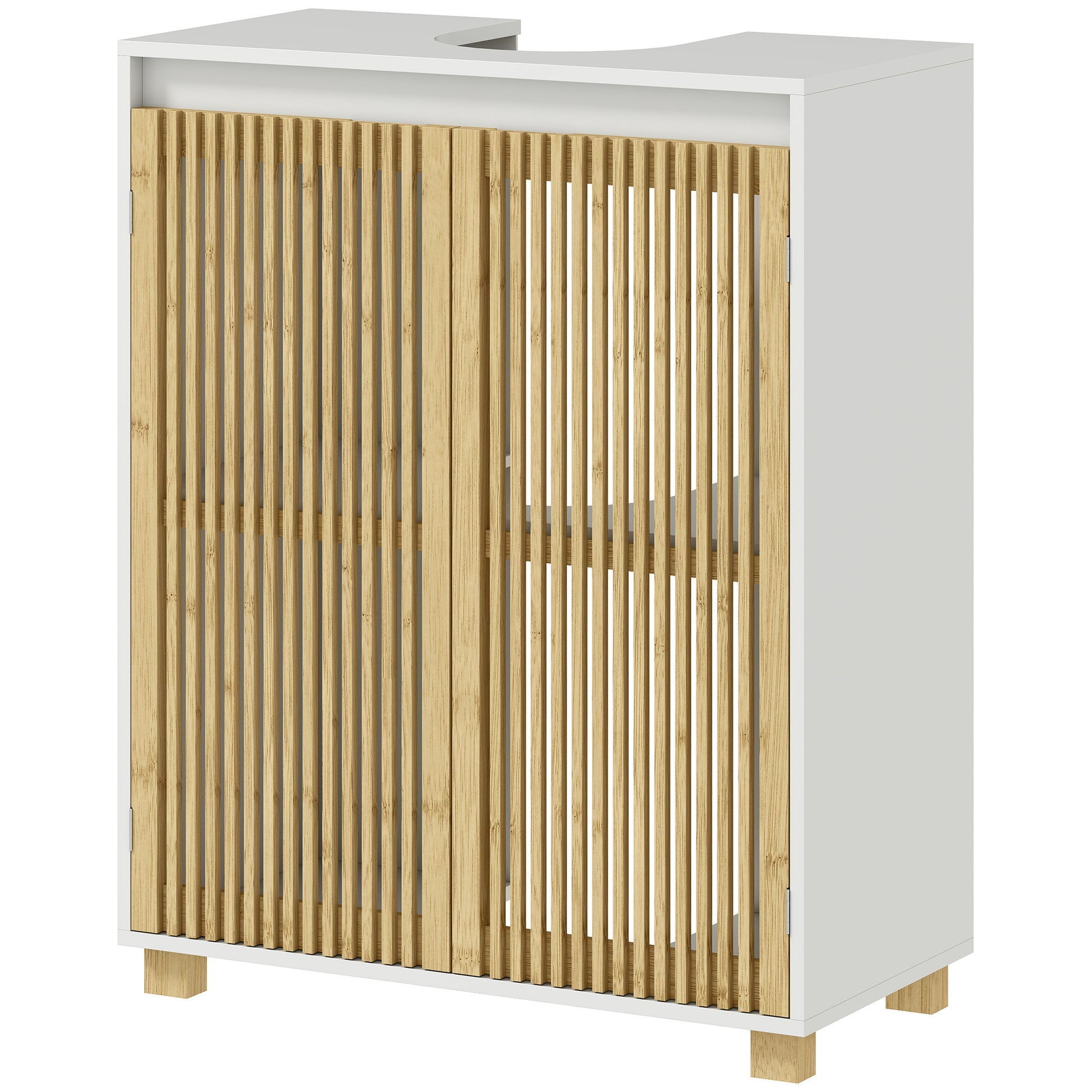 Under Sink Bathroom Cabinet Storage Unit for Pedestal Sink - Bamboo Slatted Door Cupboard, 60 x 30 x 75 cm, Natural Wood Effect