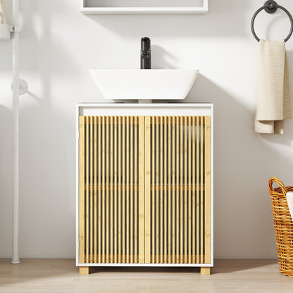 Under Sink Bathroom Cabinet Storage Unit for Pedestal Sink - Bamboo Slatted Door Cupboard, 60 x 30 x 75 cm, Natural Wood Effect