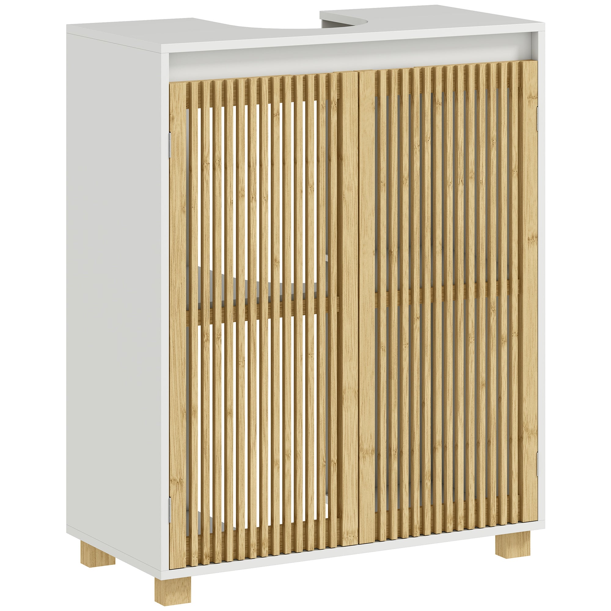 Under Sink Bathroom Cabinet Storage Unit for Pedestal Sink - Bamboo Slatted Door Cupboard, 60 x 30 x 75 cm, Natural Wood Effect