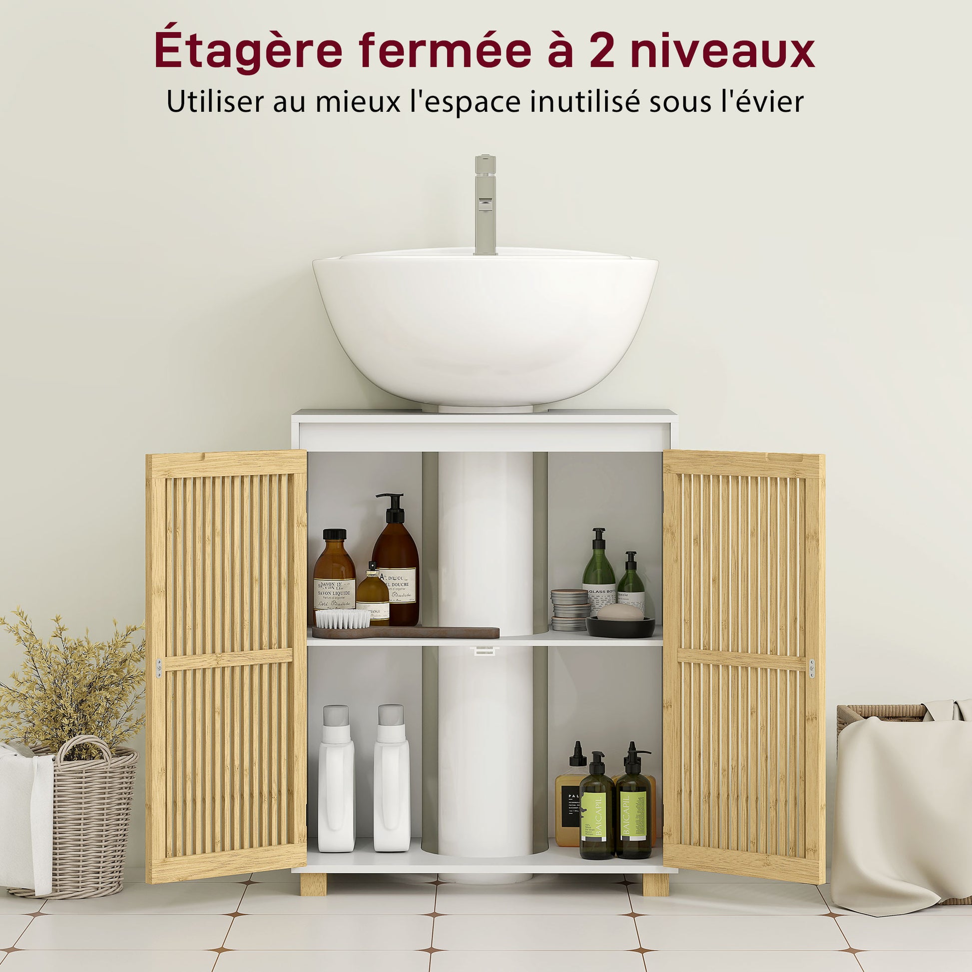 Under Sink Bathroom Cabinet Storage Unit for Pedestal Sink - Bamboo Slatted Door Cupboard, 60 x 30 x 75 cm, Natural Wood Effect