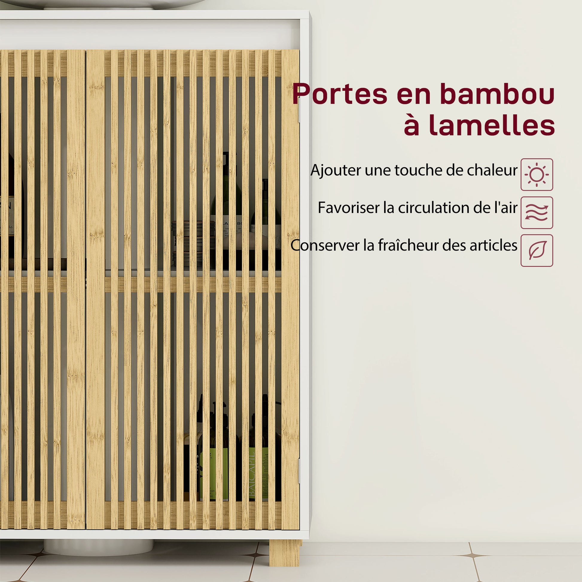 Under Sink Bathroom Cabinet Storage Unit for Pedestal Sink - Bamboo Slatted Door Cupboard, 60 x 30 x 75 cm, Natural Wood Effect