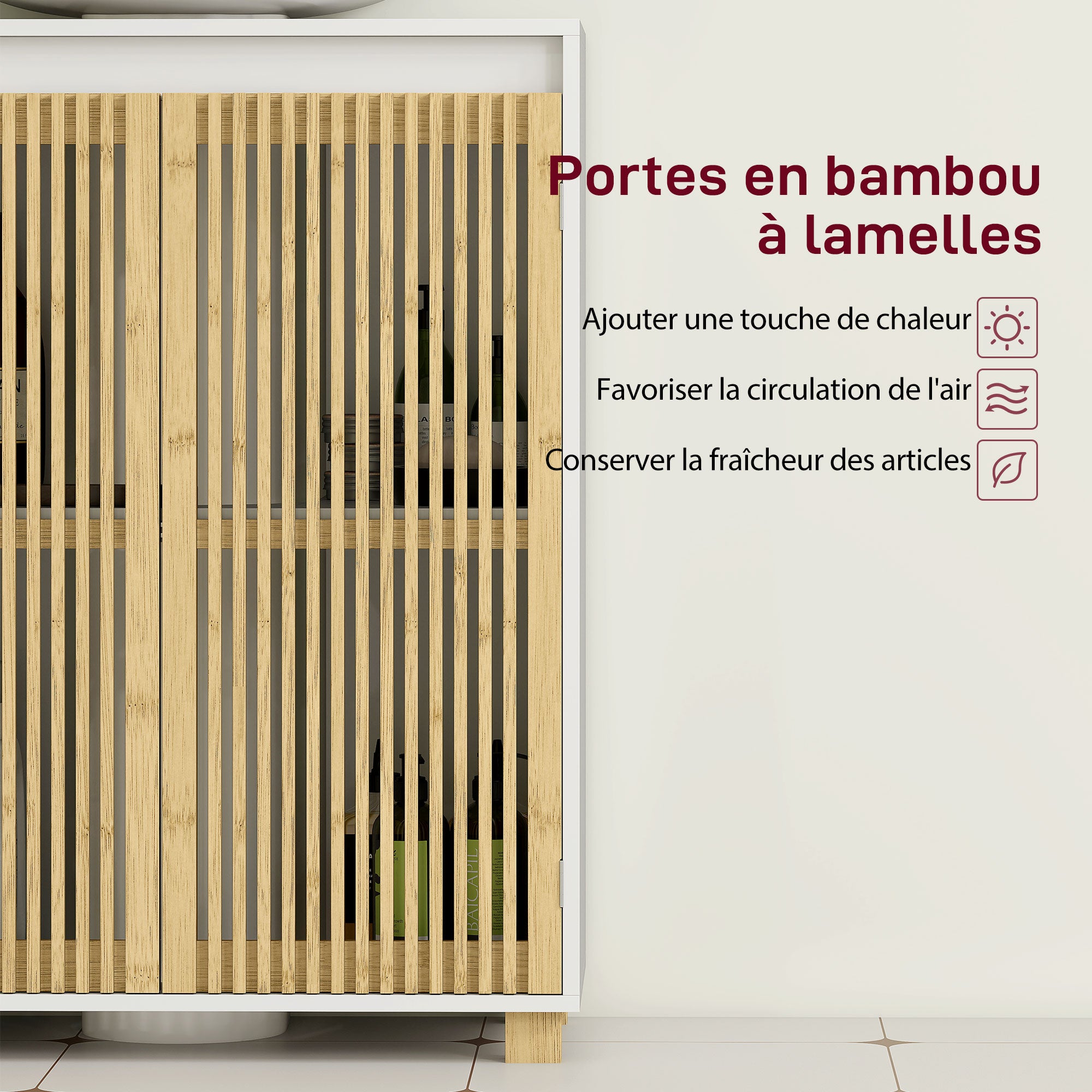 Under Sink Bathroom Cabinet Storage Unit for Pedestal Sink - Bamboo Slatted Door Cupboard, 60 x 30 x 75 cm, Natural Wood Effect