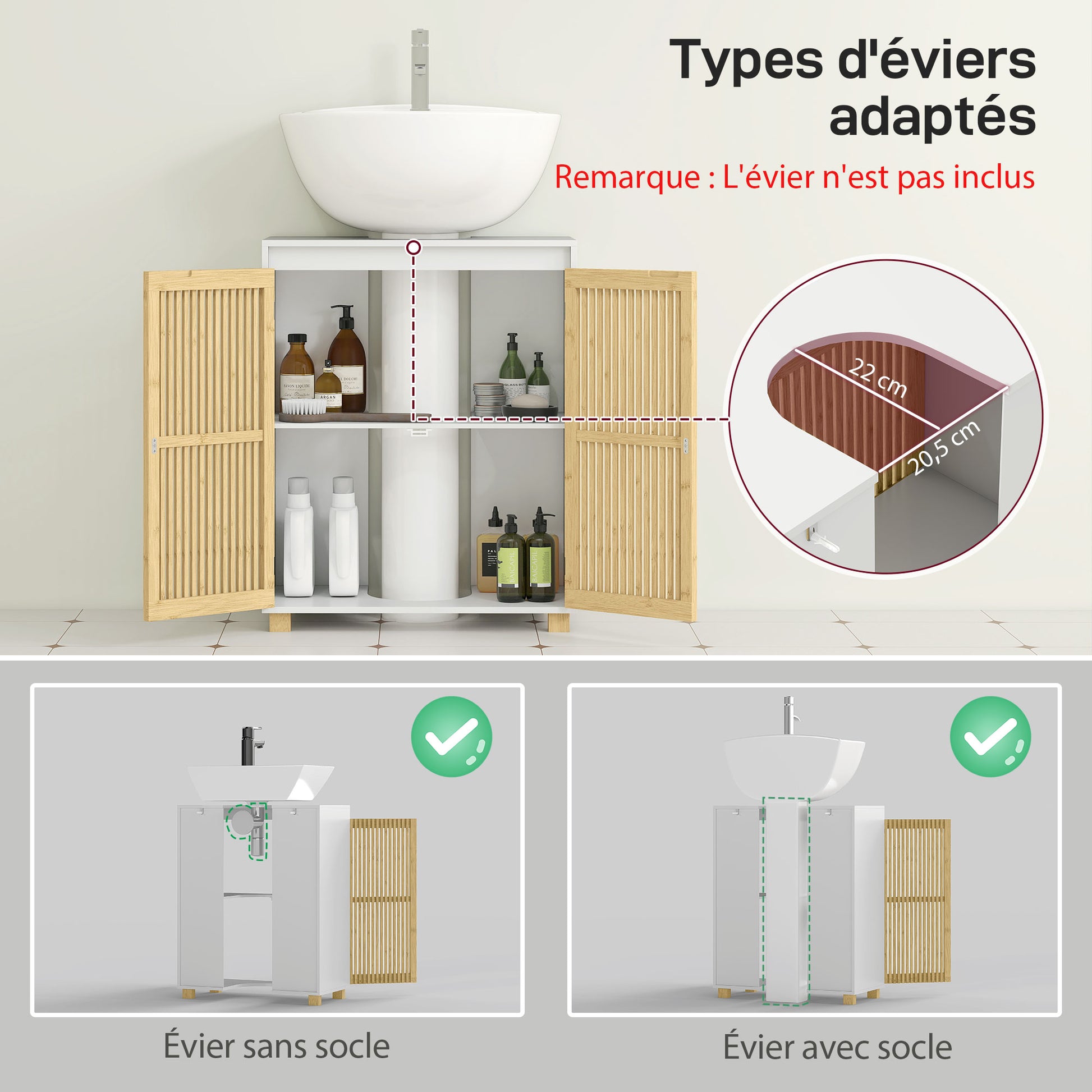 Under Sink Bathroom Cabinet Storage Unit for Pedestal Sink - Bamboo Slatted Door Cupboard, 60 x 30 x 75 cm, Natural Wood Effect