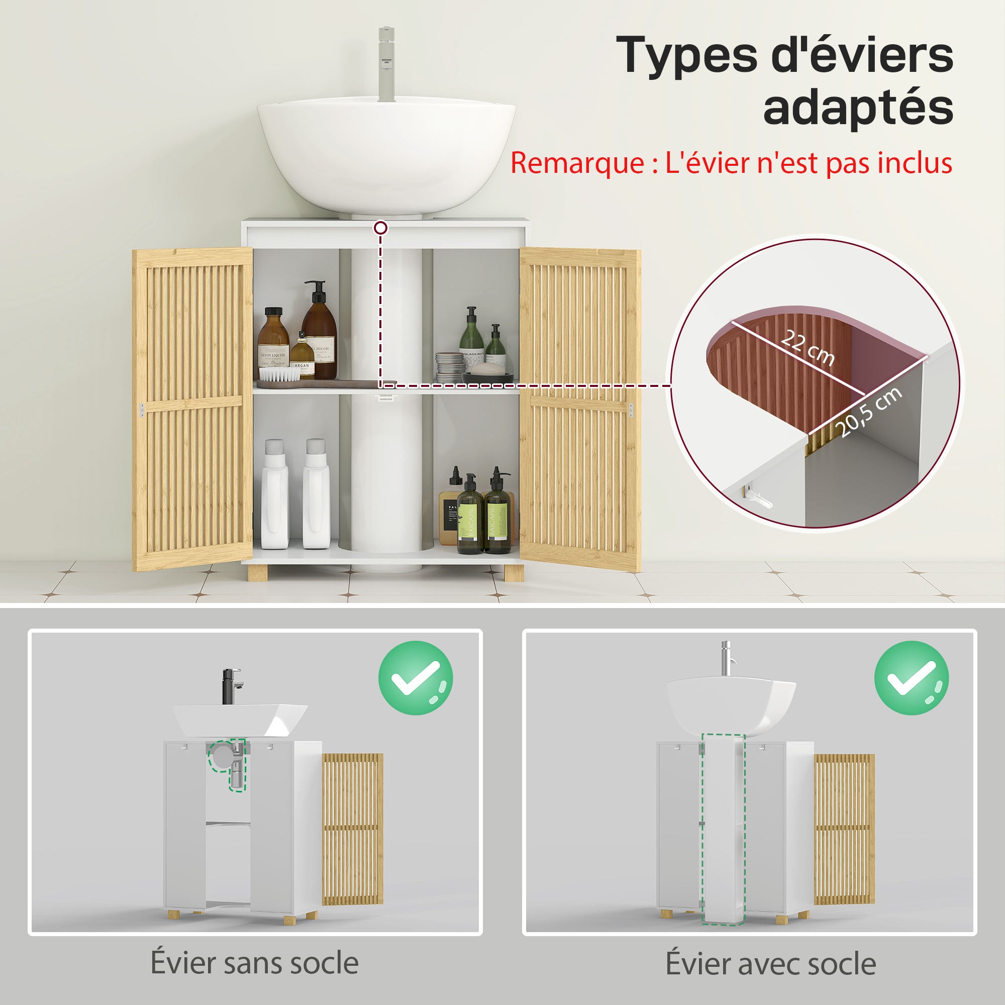 Under Sink Bathroom Cabinet Storage Unit for Pedestal Sink - Bamboo Slatted Door Cupboard, 60 x 30 x 75 cm, Natural Wood Effect