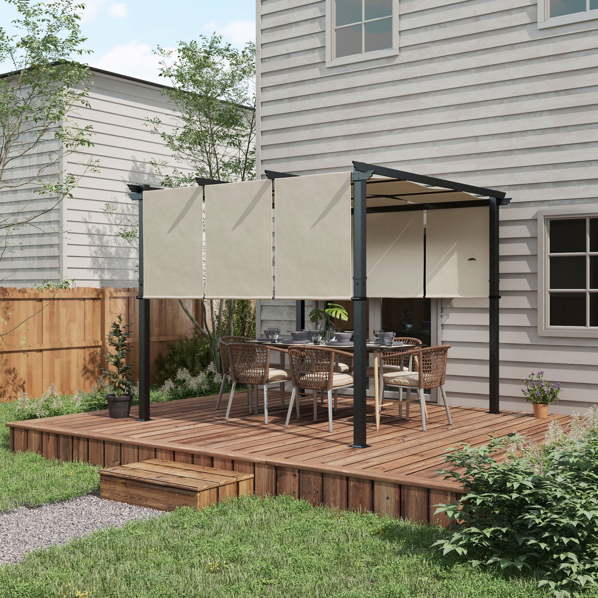Pergola with 3 Sliding Canopies 3 x 3 m Steel Frame High Density Polyester Beige Fabric