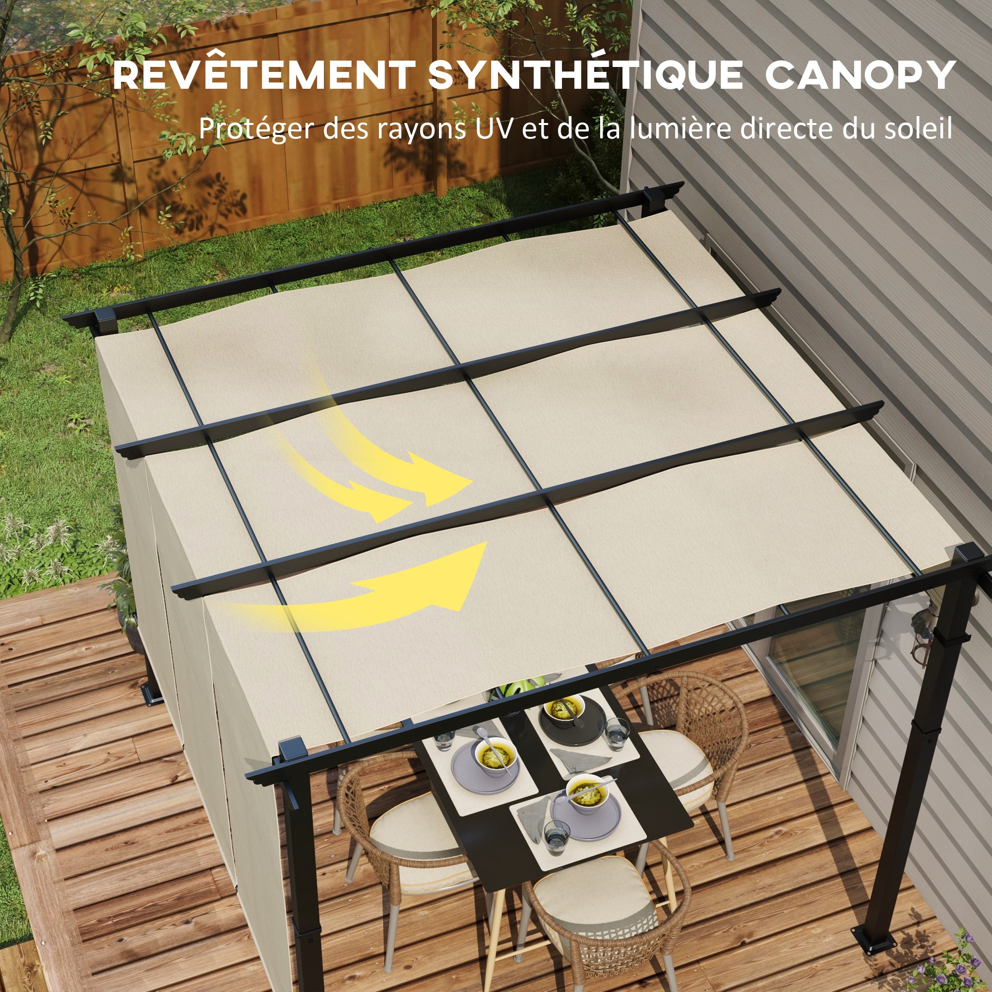 Pergola with 3 Sliding Canopies 3 x 3 m Steel Frame High Density Polyester Beige Fabric