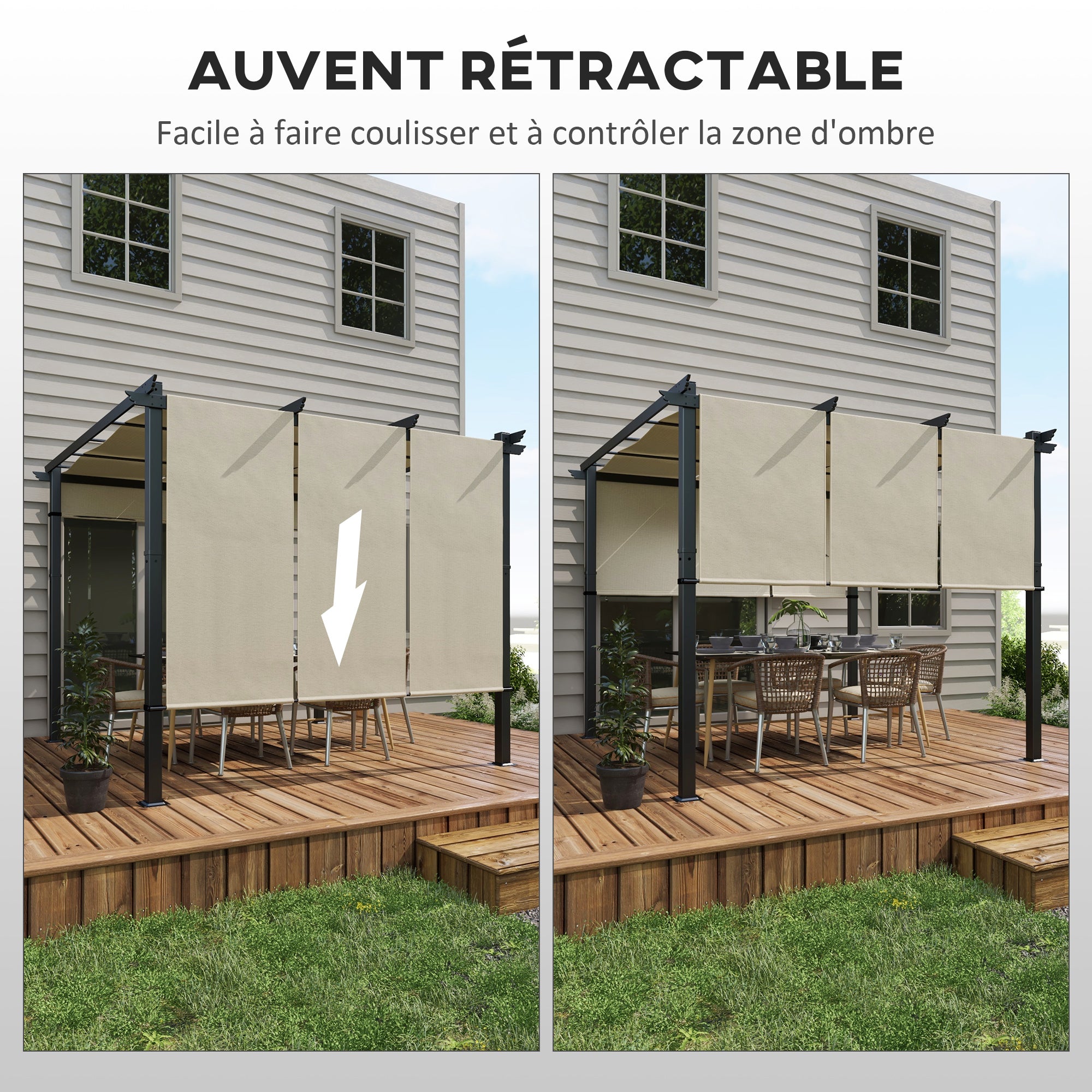 Pergola with 3 Sliding Canopies 3 x 3 m Steel Frame High Density Polyester Beige Fabric