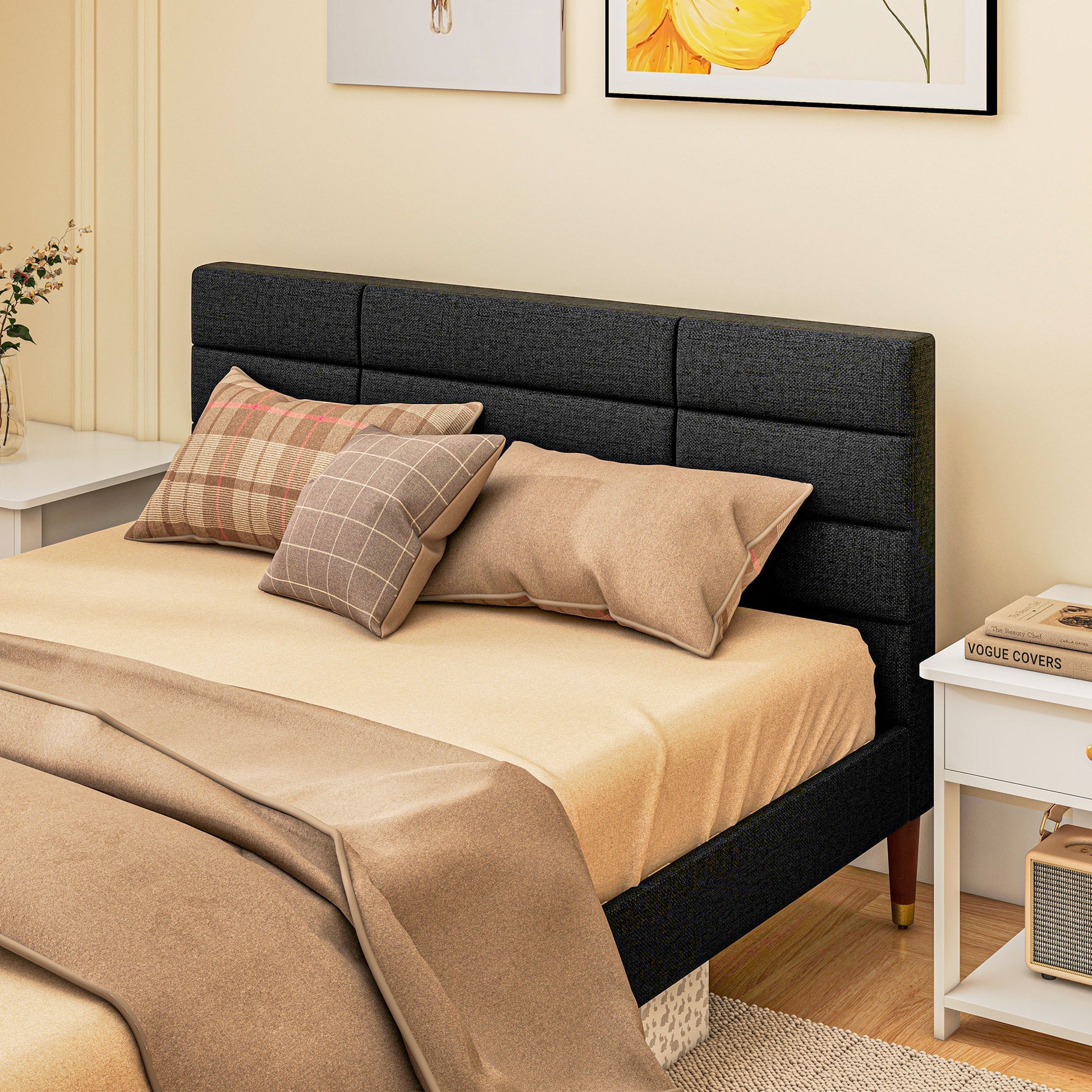 Double Bed Frame 140 x 200 cm, 2 Person Bed - Height 17 cm, Slatted Base and Upholstered Headboard - Wood and Fabric, Black
