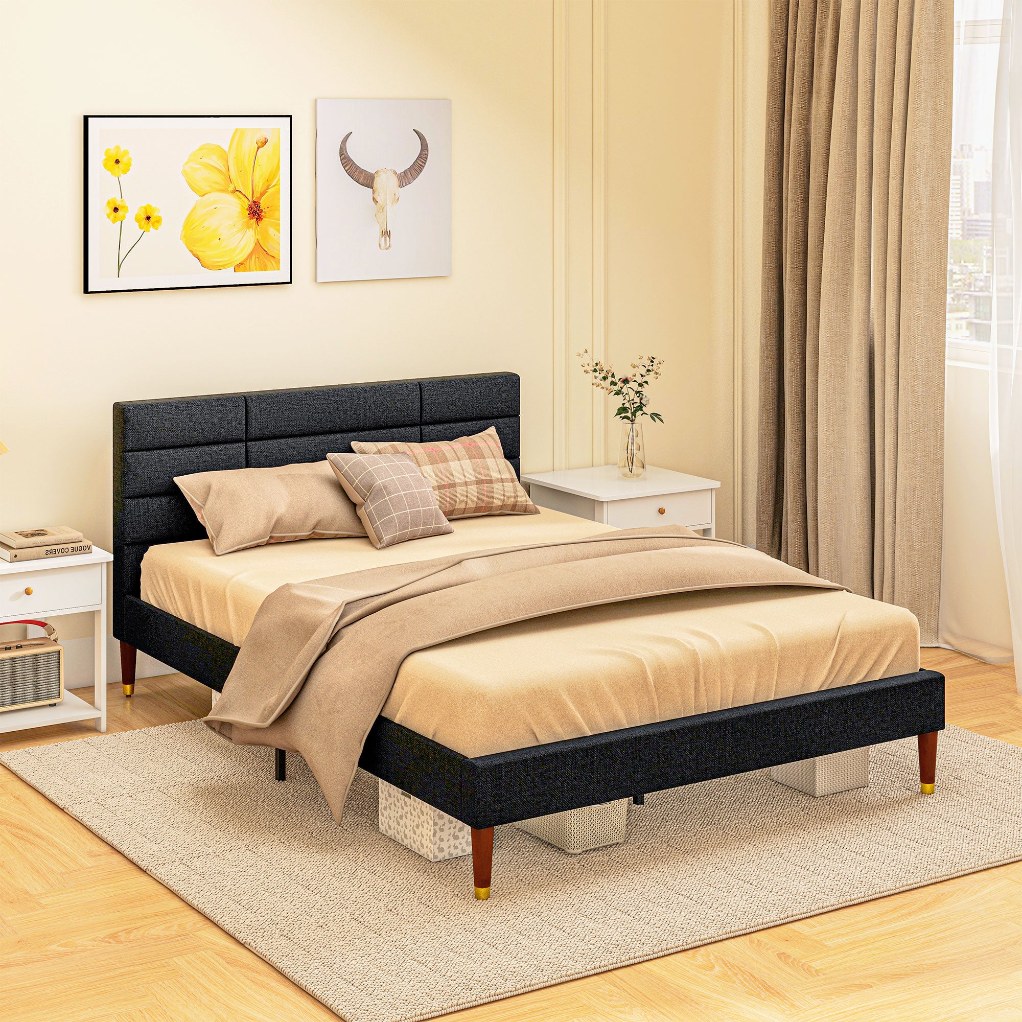 Double Bed Frame 140 x 200 cm, 2 Person Bed - Height 17 cm, Slatted Base and Upholstered Headboard - Wood and Fabric, Black