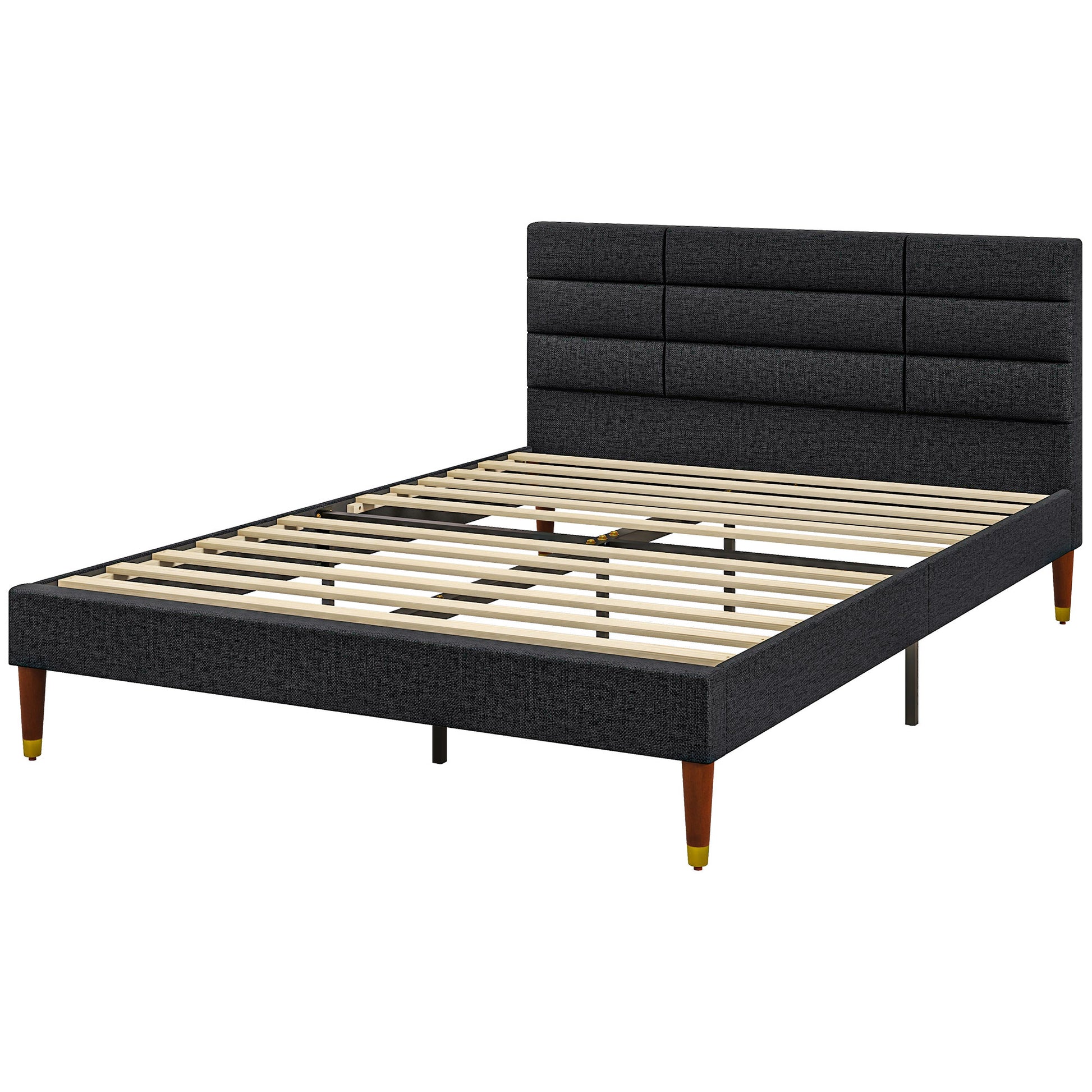 Double Bed Frame 140 x 200 cm, 2 Person Bed - Height 17 cm, Slatted Base and Upholstered Headboard - Wood and Fabric, Black