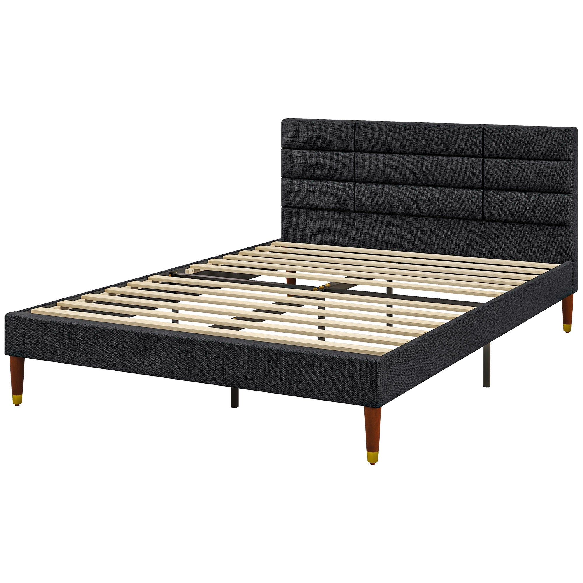 Double Bed Frame 140 x 200 cm, 2 Person Bed - Height 17 cm, Slatted Base and Upholstered Headboard - Wood and Fabric, Black