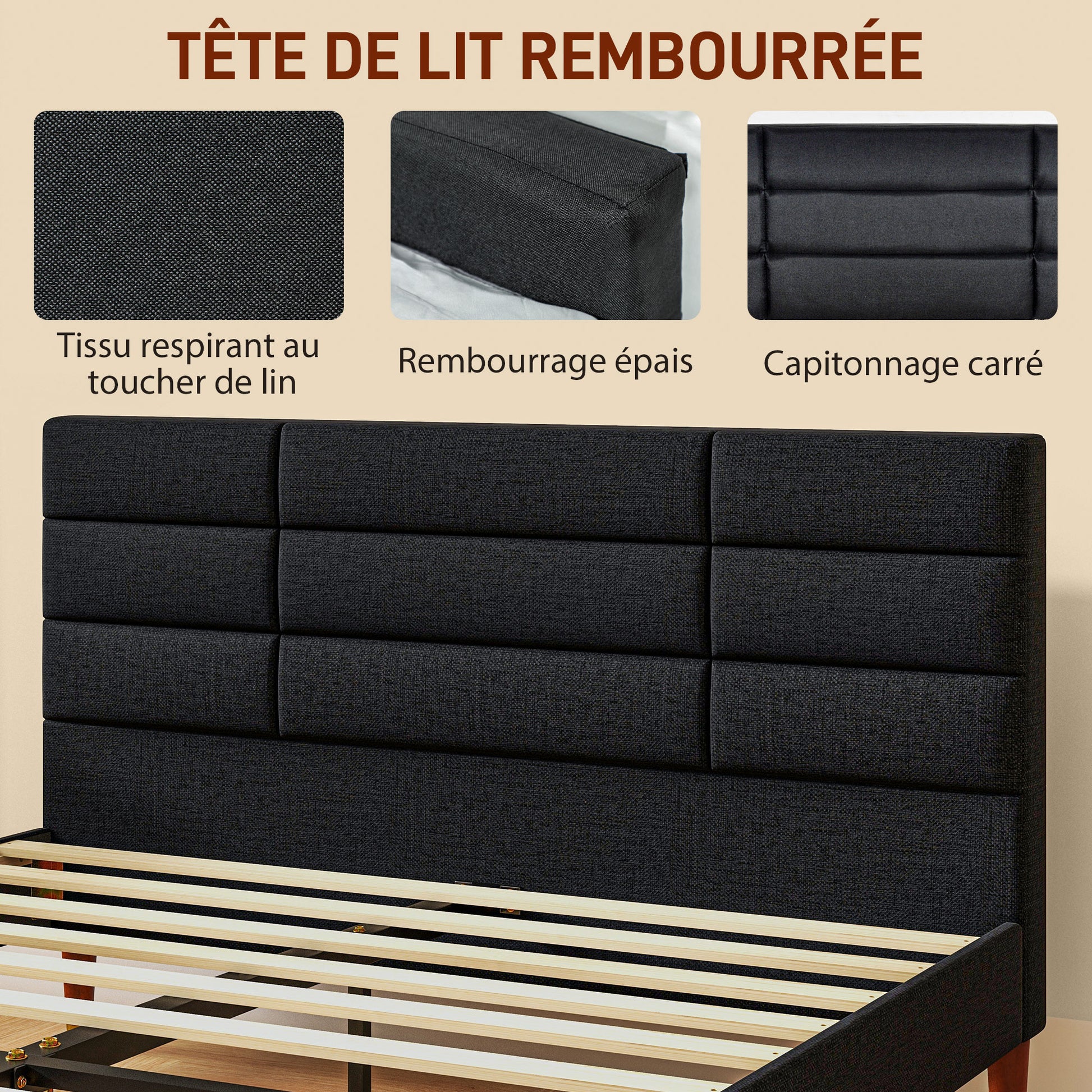 Double Bed Frame 140 x 200 cm, 2 Person Bed - Height 17 cm, Slatted Base and Upholstered Headboard - Wood and Fabric, Black