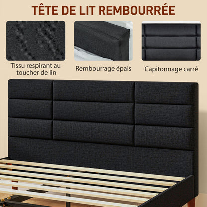 Double Bed Frame 140 x 200 cm, 2 Person Bed - Height 17 cm, Slatted Base and Upholstered Headboard - Wood and Fabric, Black