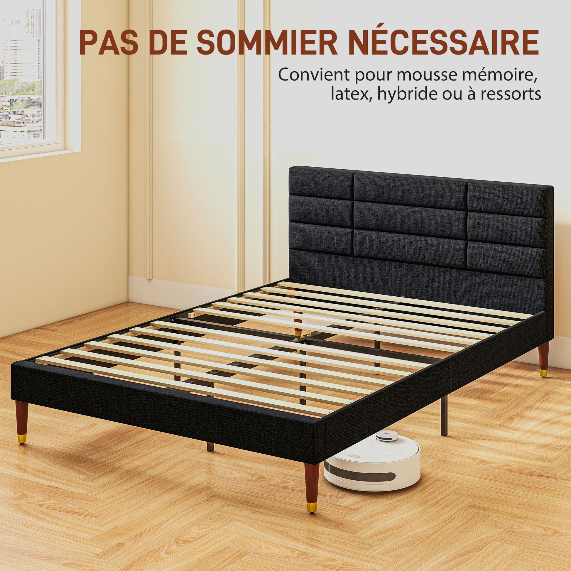 Double Bed Frame 140 x 200 cm, 2 Person Bed - Height 17 cm, Slatted Base and Upholstered Headboard - Wood and Fabric, Black