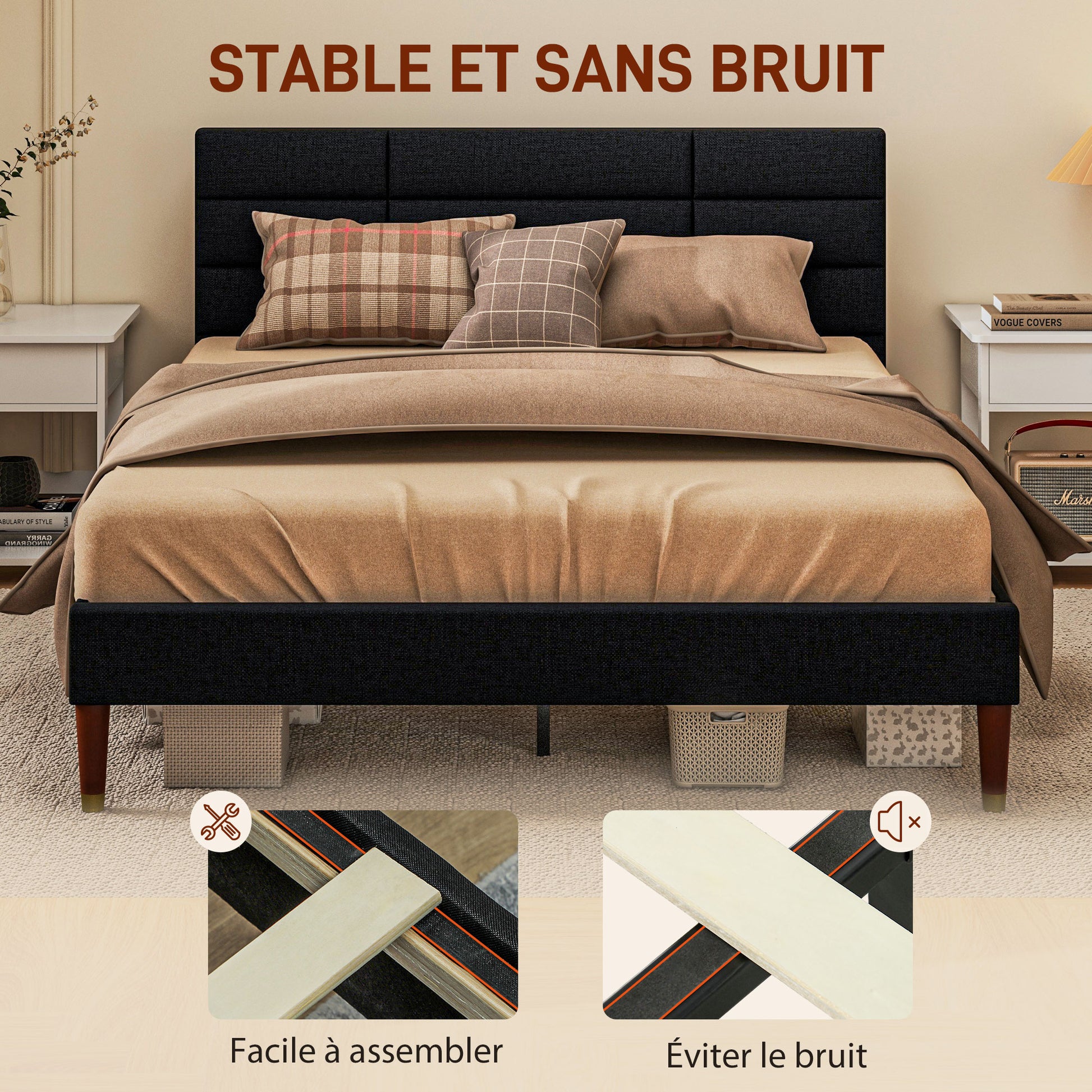 Double Bed Frame 140 x 200 cm, 2 Person Bed - Height 17 cm, Slatted Base and Upholstered Headboard - Wood and Fabric, Black