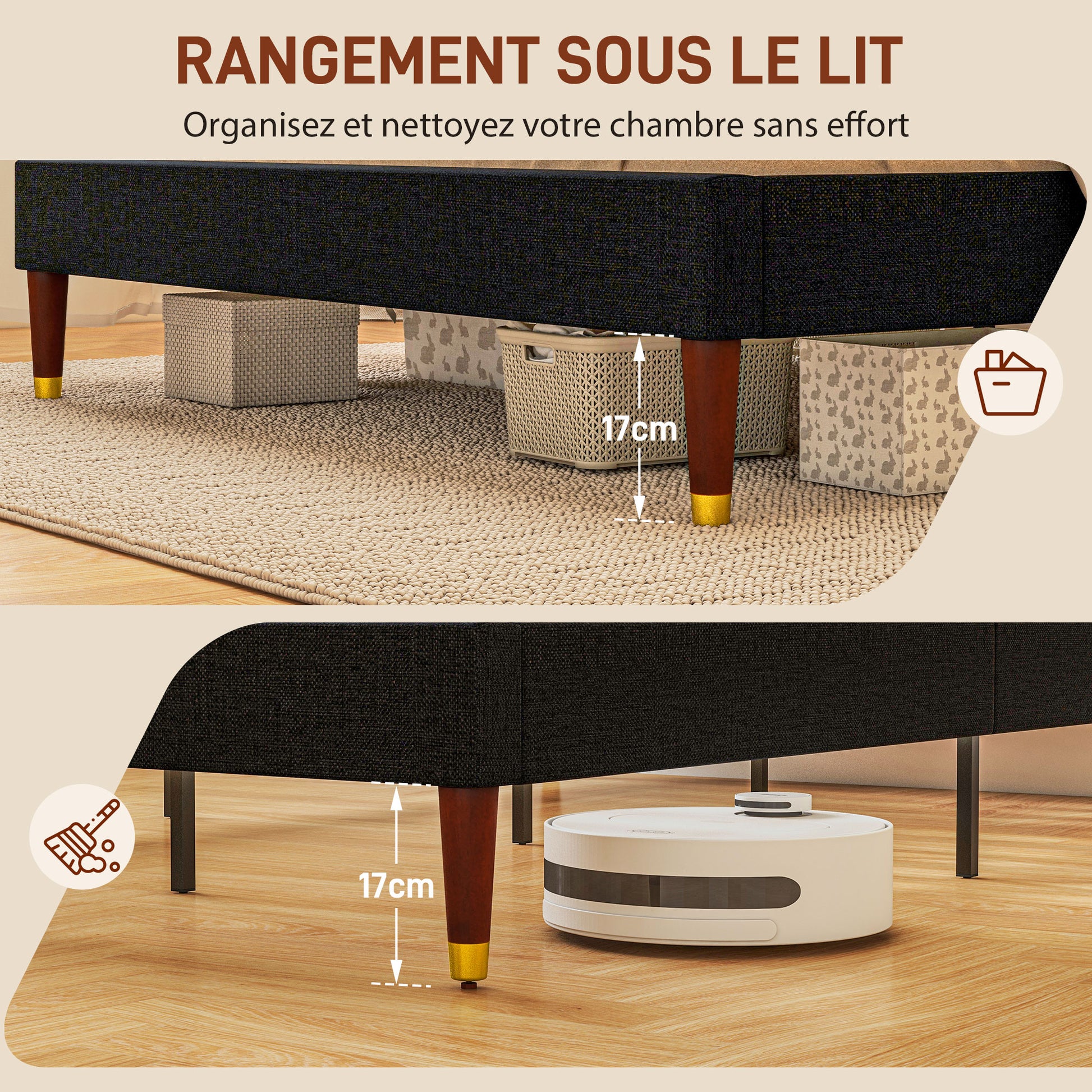 Double Bed Frame 140 x 200 cm, 2 Person Bed - Height 17 cm, Slatted Base and Upholstered Headboard - Wood and Fabric, Black