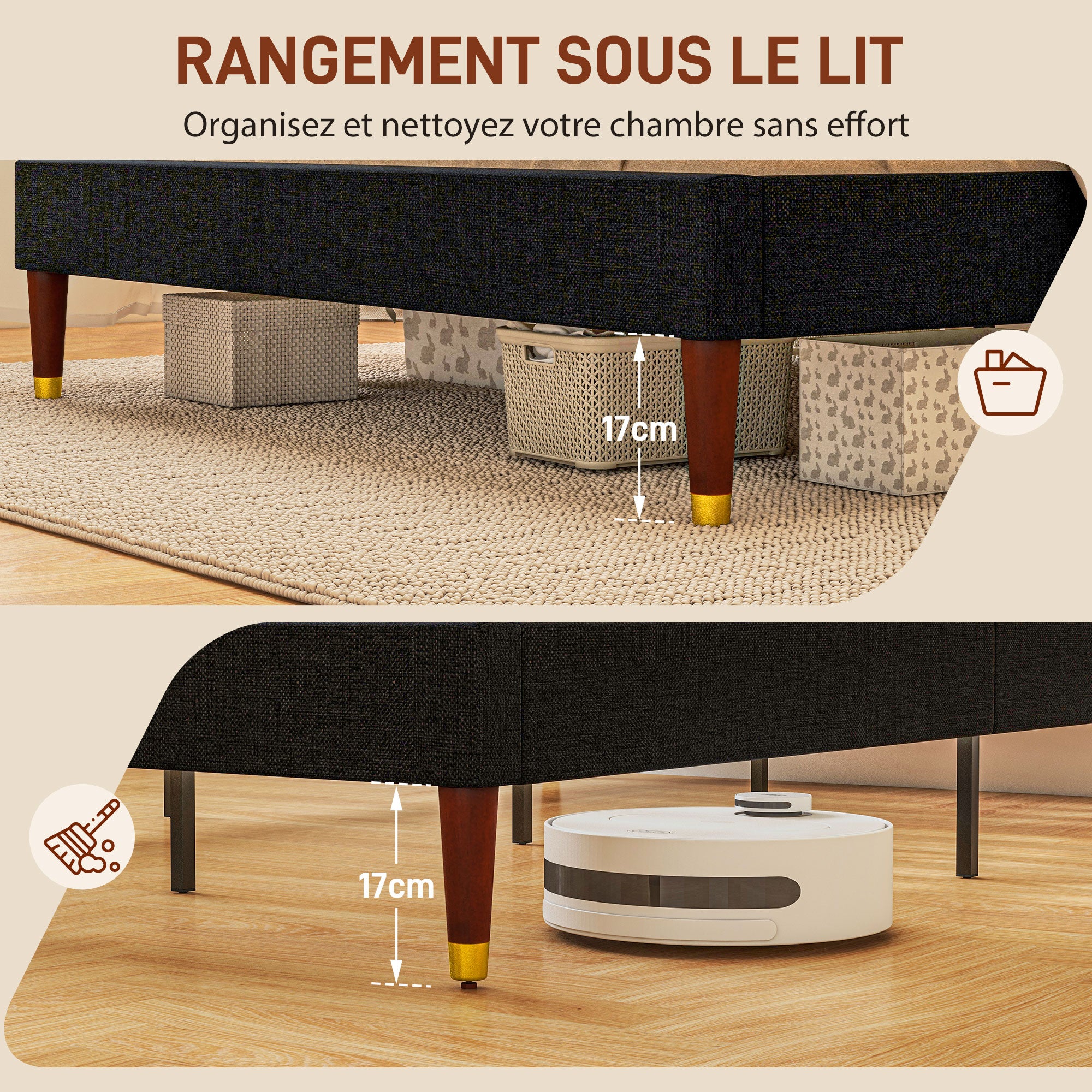 Double Bed Frame 140 x 200 cm, 2 Person Bed - Height 17 cm, Slatted Base and Upholstered Headboard - Wood and Fabric, Black