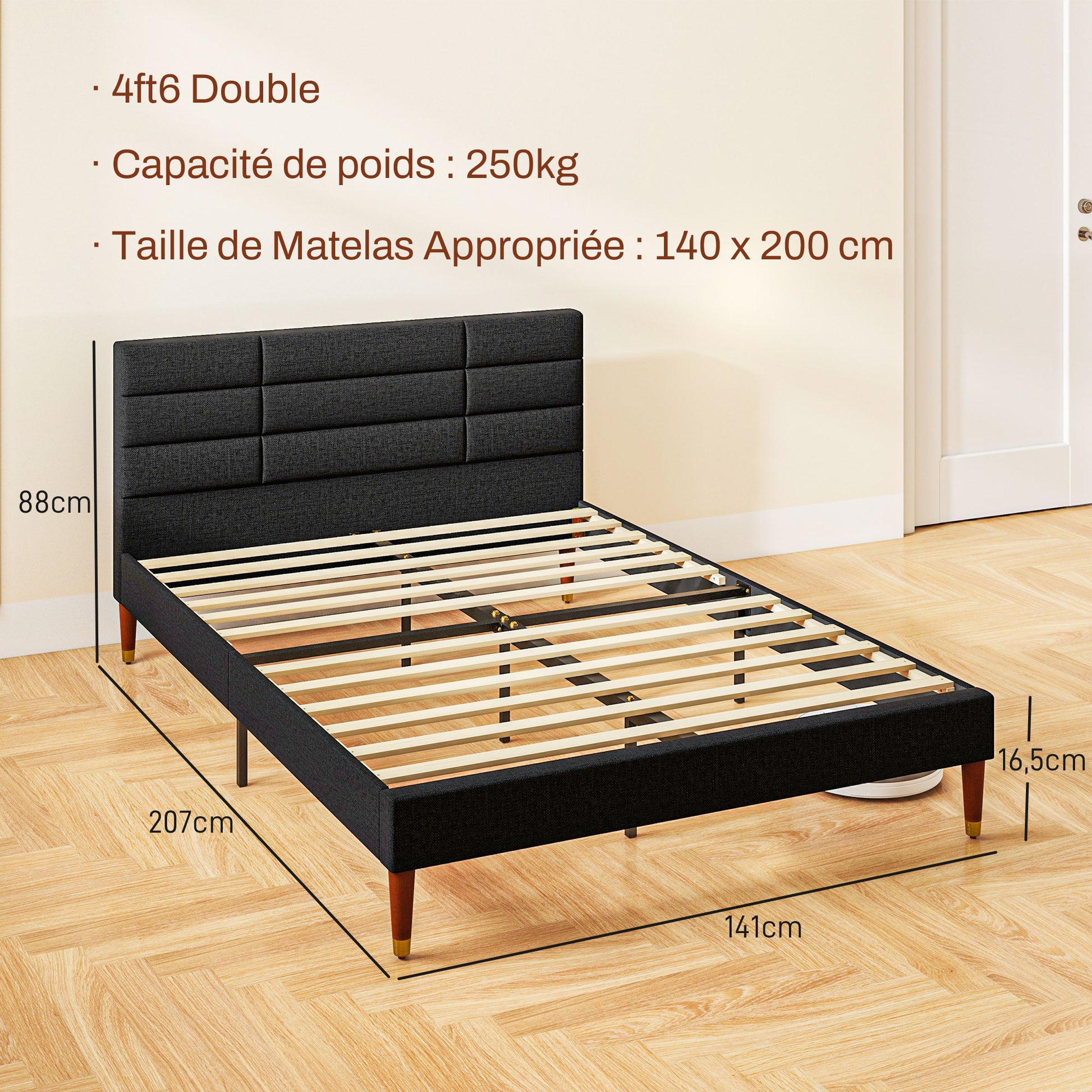 Double Bed Frame 140 x 200 cm, 2 Person Bed - Height 17 cm, Slatted Base and Upholstered Headboard - Wood and Fabric, Black