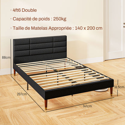 Double Bed Frame 140 x 200 cm, 2 Person Bed - Height 17 cm, Slatted Base and Upholstered Headboard - Wood and Fabric, Black