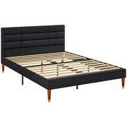 Double Bed Frame 140 x 200 cm, 2 Person Bed - Height 17 cm, Slatted Base and Upholstered Headboard - Wood and Fabric, Black