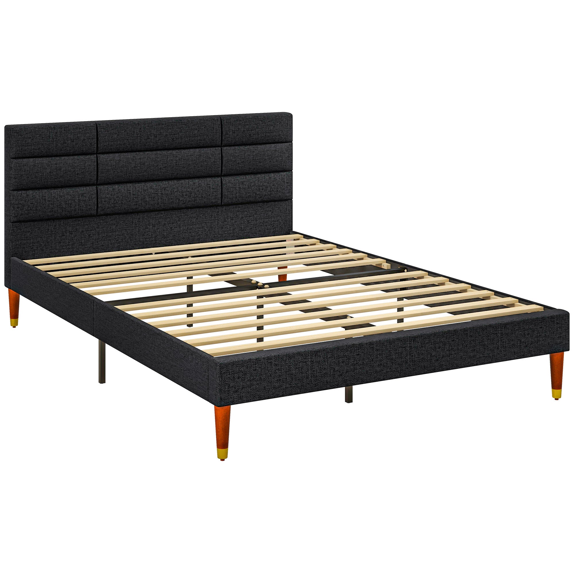 Double Bed Frame 140 x 200 cm, 2 Person Bed - Height 17 cm, Slatted Base and Upholstered Headboard - Wood and Fabric, Black