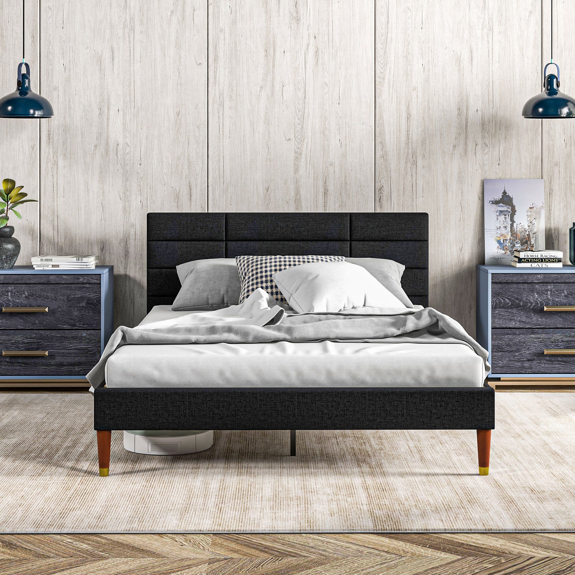Double Bed Frame 140 x 200 cm, 2 Person Bed - Height 17 cm, Slatted Base and Upholstered Headboard - Wood and Fabric, Black