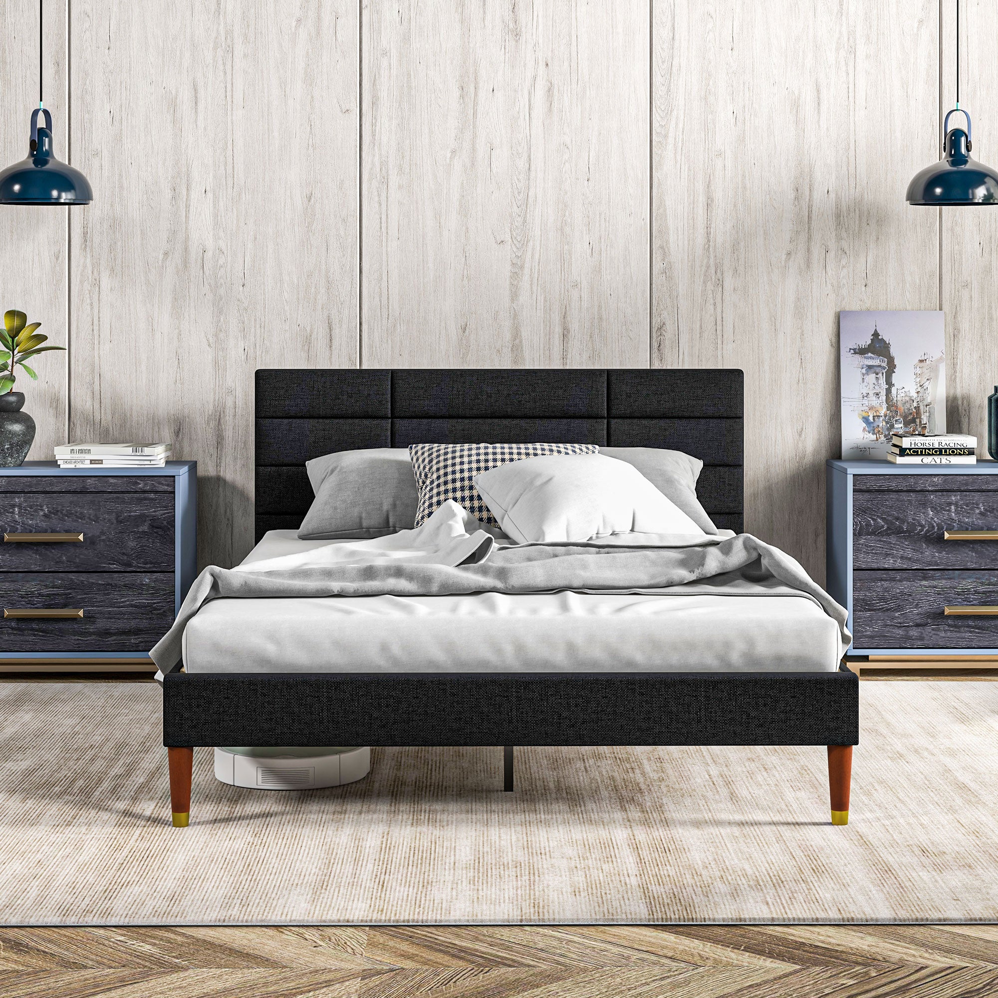 Double Bed Frame 140 x 200 cm, 2 Person Bed - Height 17 cm, Slatted Base and Upholstered Headboard - Wood and Fabric, Black