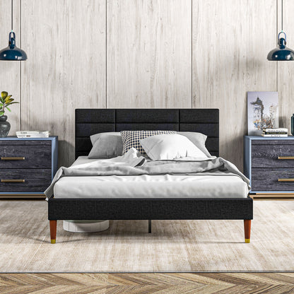 Double Bed Frame 140 x 200 cm, 2 Person Bed - Height 17 cm, Slatted Base and Upholstered Headboard - Wood and Fabric, Black