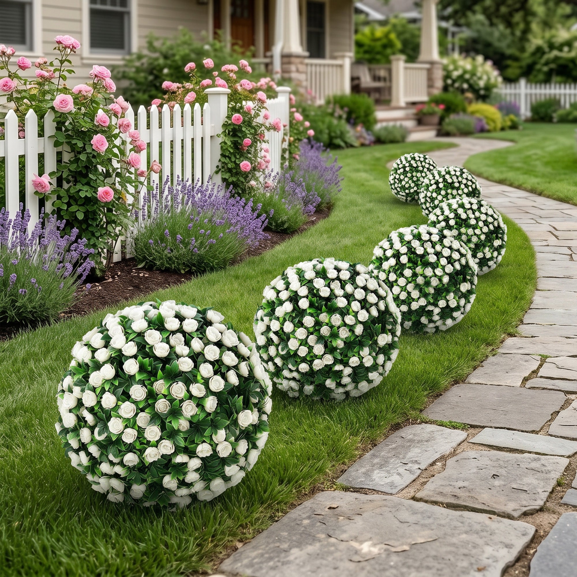 Artificial Rose Topiary Balls 2-Pack, 55 cm (21.7 in) UV-Resistant Artificial Plants with 306 White Roses and Ground Spike for Living Room, Bedroom, Office, Garden