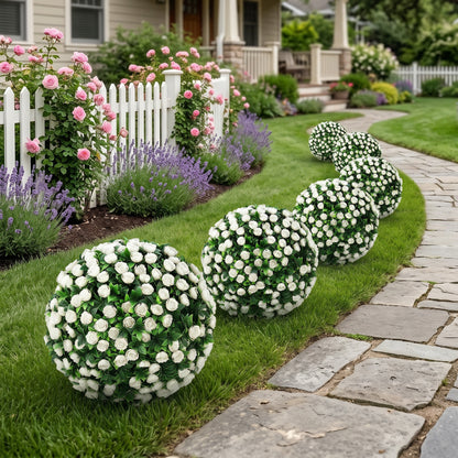 Artificial Rose Topiary Balls 2-Pack, 55 cm (21.7 in) UV-Resistant Artificial Plants with 306 White Roses and Ground Spike for Living Room, Bedroom, Office, Garden