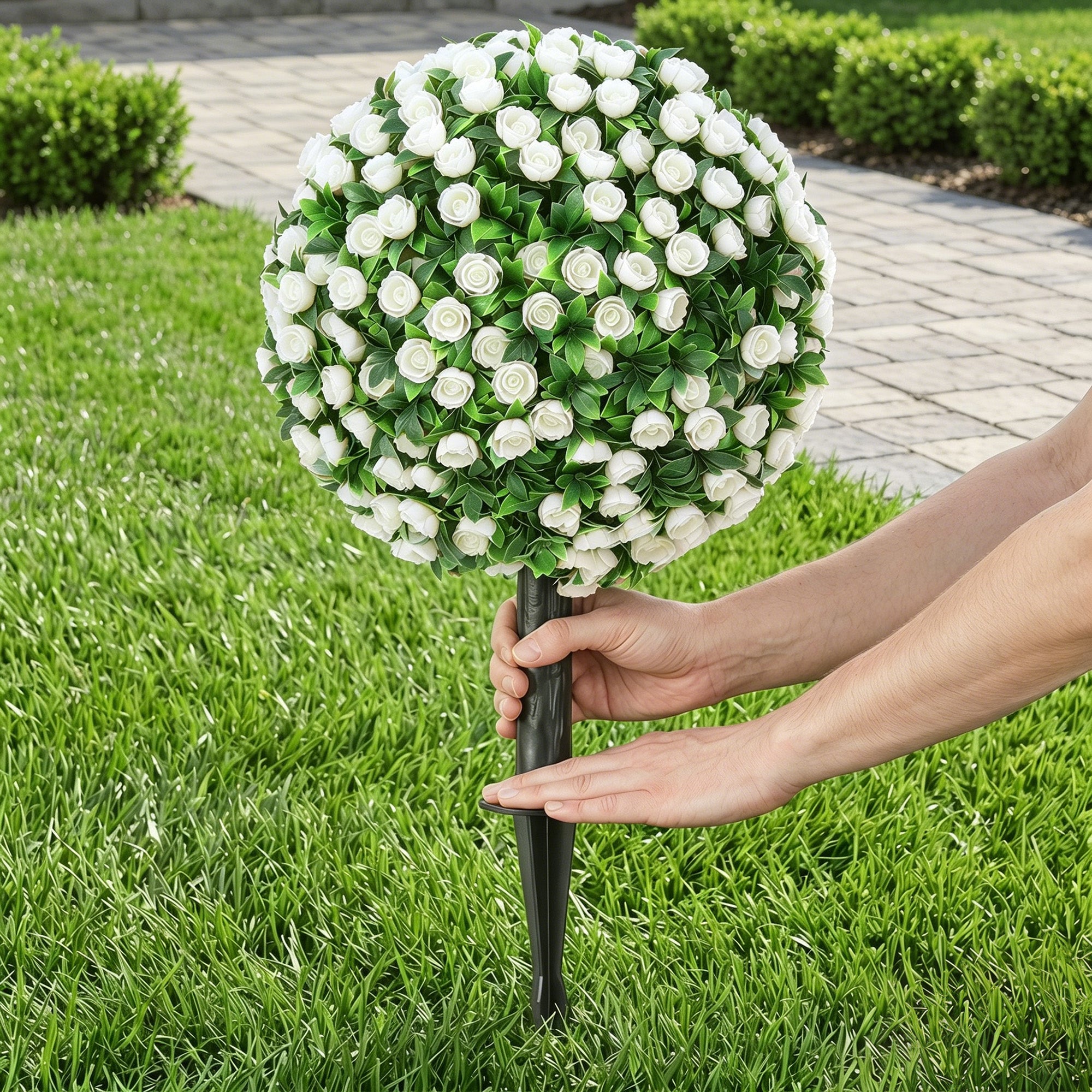 Artificial Rose Topiary Balls 2-Pack, 55 cm (21.7 in) UV-Resistant Artificial Plants with 306 White Roses and Ground Spike for Living Room, Bedroom, Office, Garden