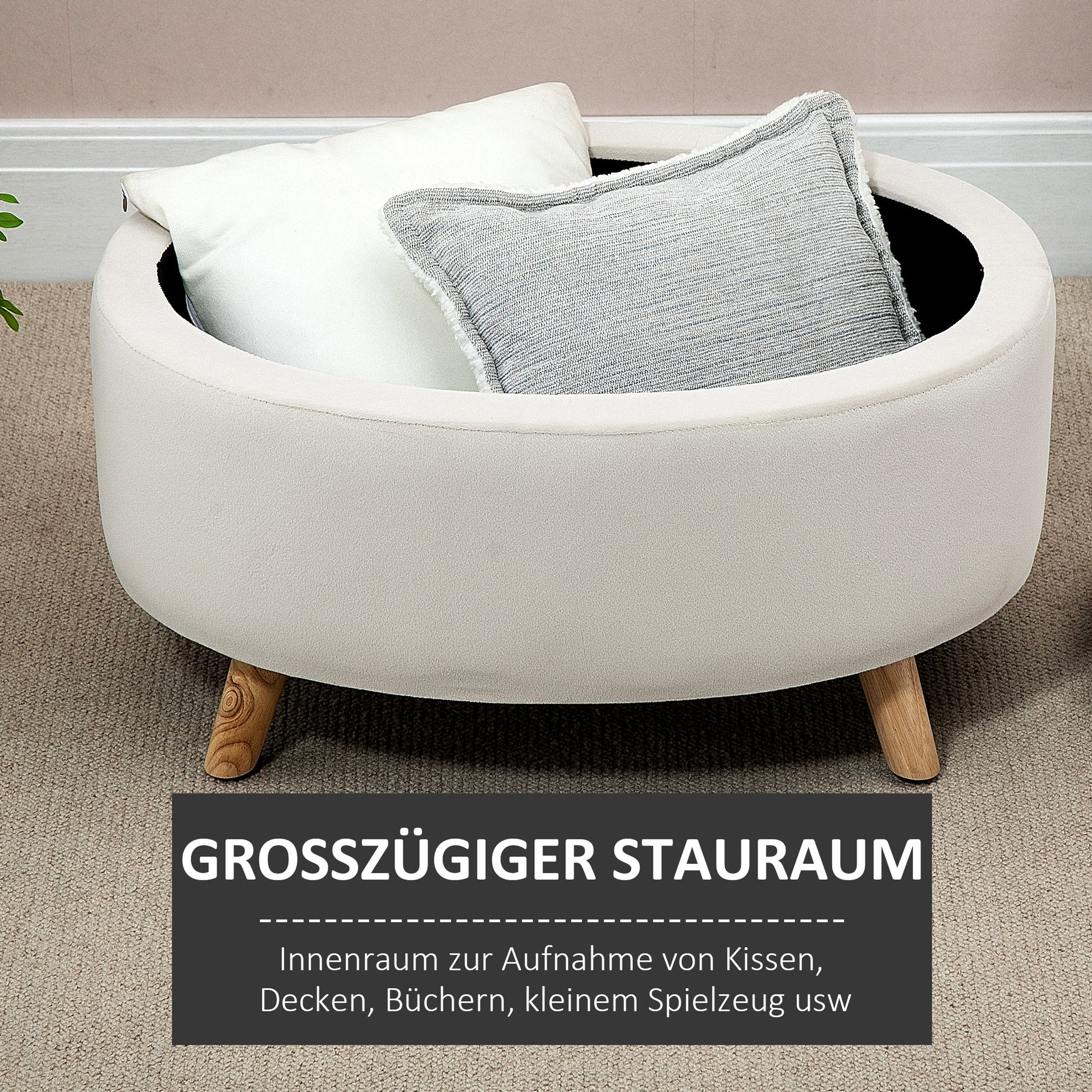 Ottoman with Storage, Oval Ottoman with Lid, Bed Ottoman with Velvet Look, for Hallway Bedroom Living Room, Wooden Legs 71 x 51.5 x 42 cm Beige