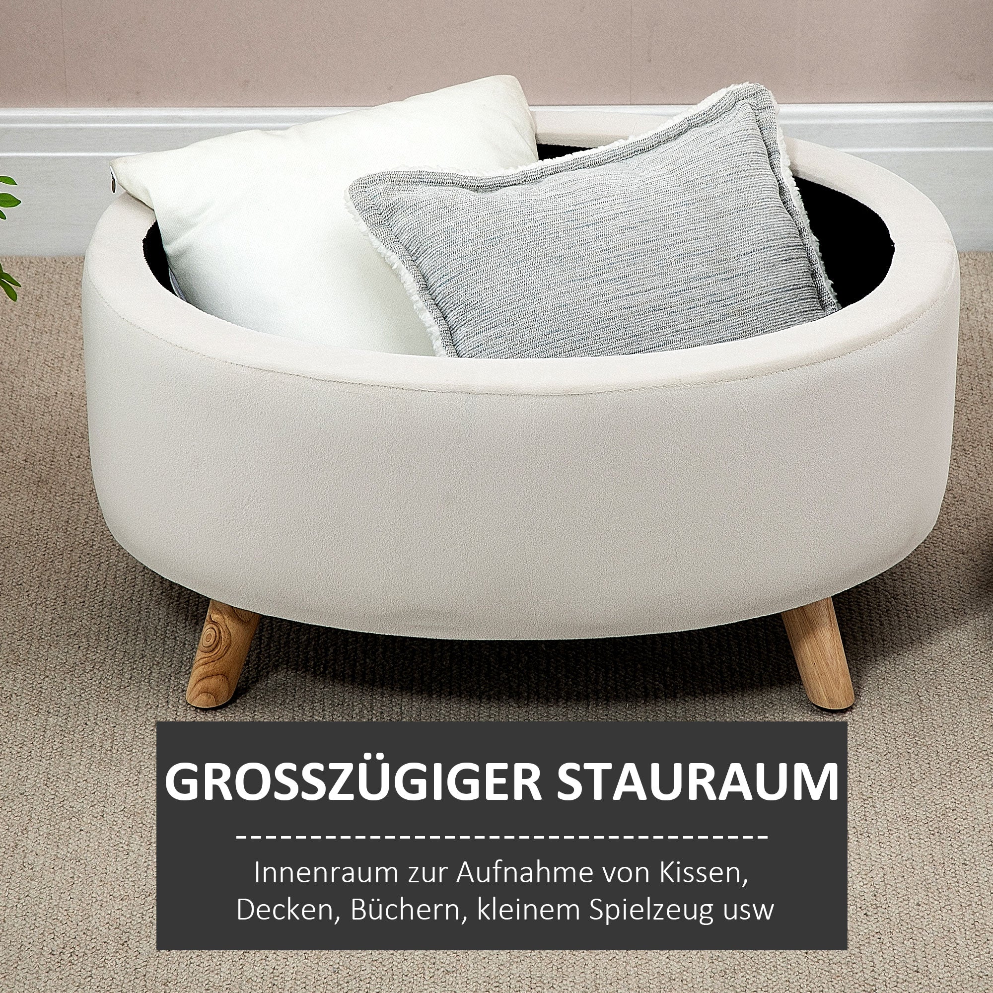 Ottoman with Storage, Oval Ottoman with Lid, Bed Ottoman with Velvet Look, for Hallway Bedroom Living Room, Wooden Legs 71 x 51.5 x 42 cm Beige
