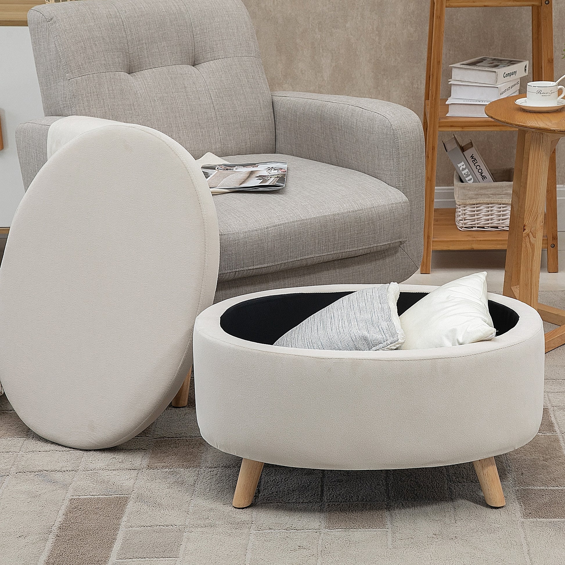 Ottoman with Storage, Oval Ottoman with Lid, Bed Ottoman with Velvet Look, for Hallway Bedroom Living Room, Wooden Legs 71 x 51.5 x 42 cm Beige
