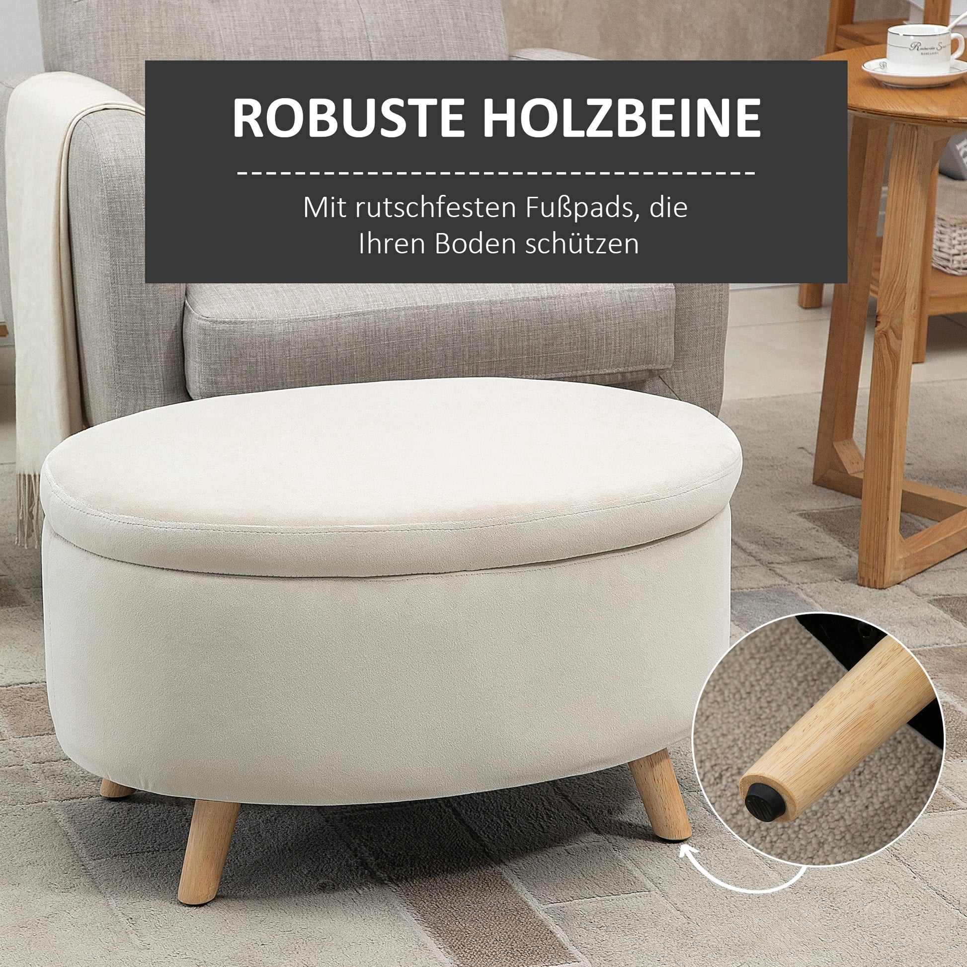 Ottoman with Storage, Oval Ottoman with Lid, Bed Ottoman with Velvet Look, for Hallway Bedroom Living Room, Wooden Legs 71 x 51.5 x 42 cm Beige