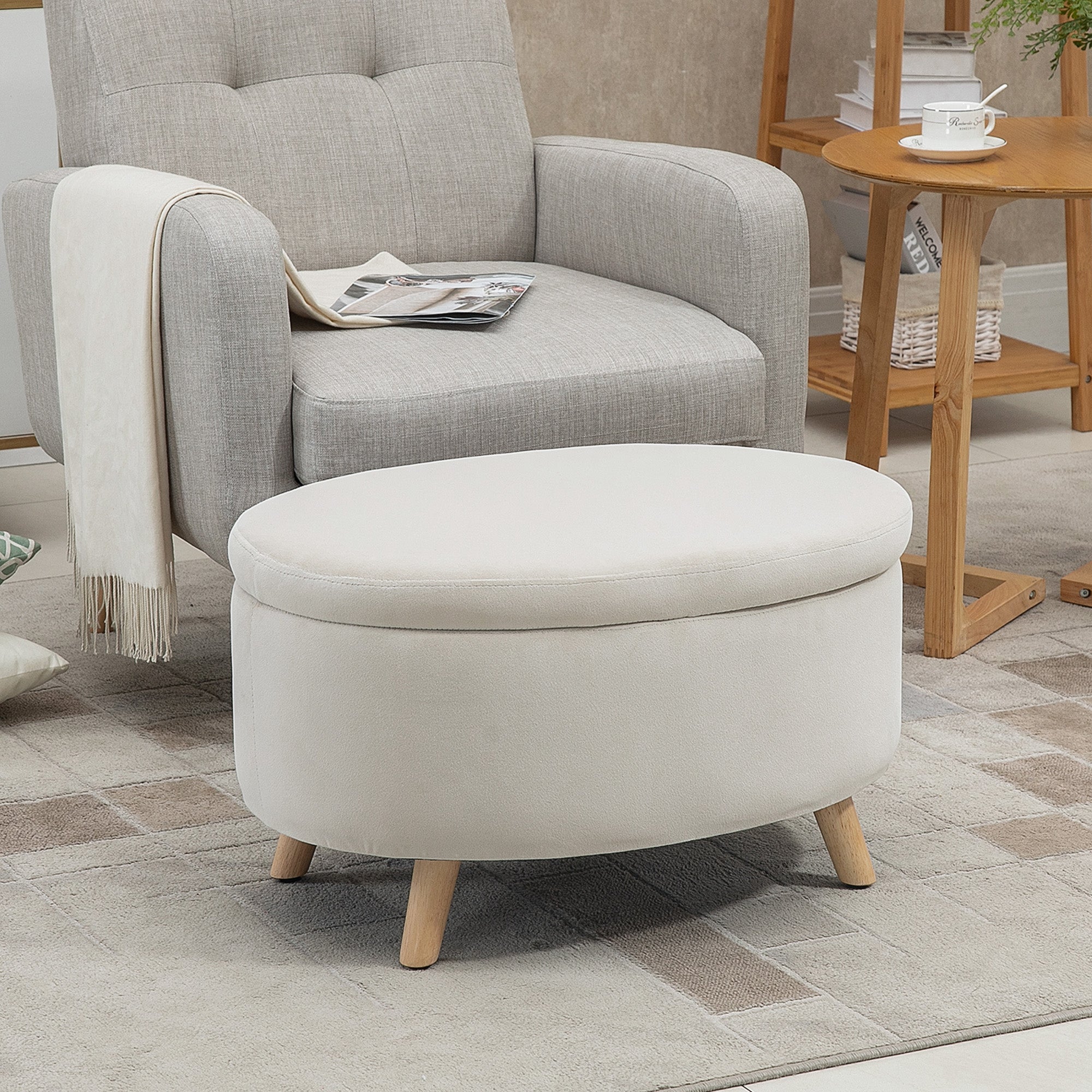 Ottoman with Storage, Oval Ottoman with Lid, Bed Ottoman with Velvet Look, for Hallway Bedroom Living Room, Wooden Legs 71 x 51.5 x 42 cm Beige