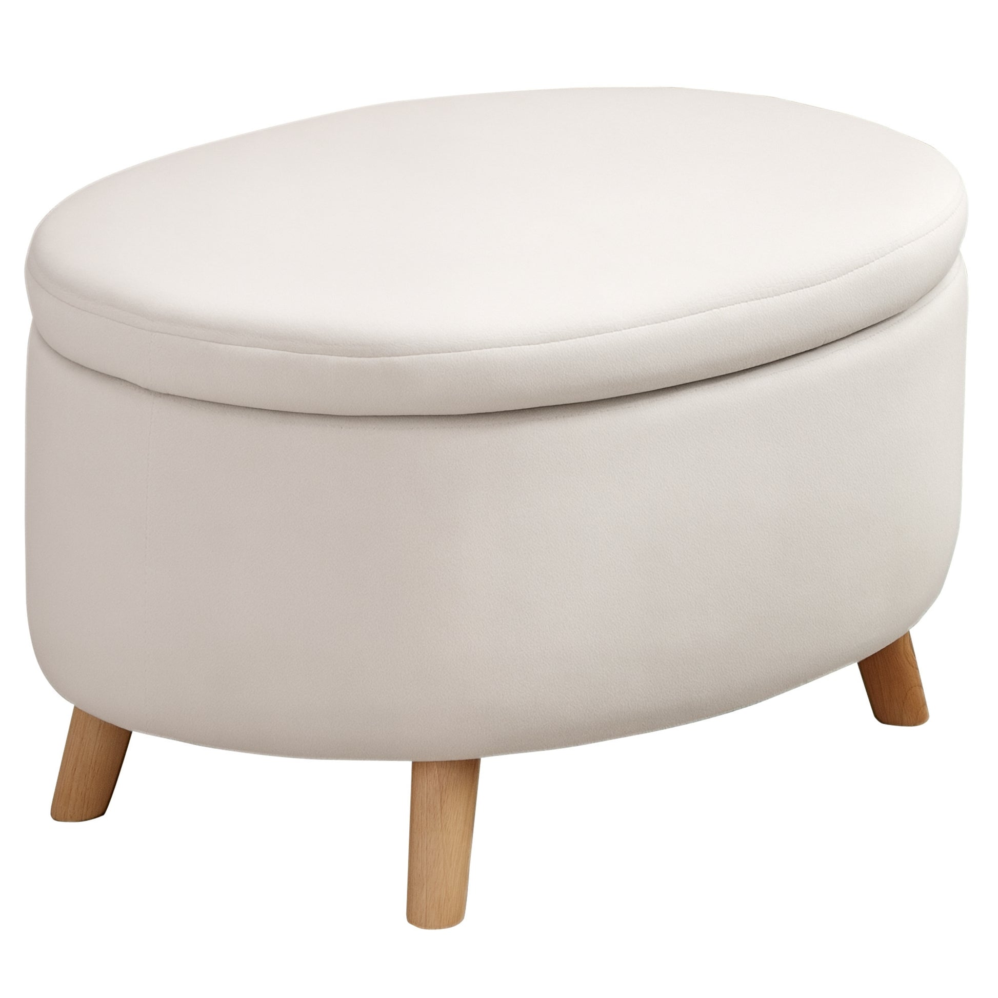 Ottoman with Storage, Oval Ottoman with Lid, Bed Ottoman with Velvet Look, for Hallway Bedroom Living Room, Wooden Legs 71 x 51.5 x 42 cm Beige