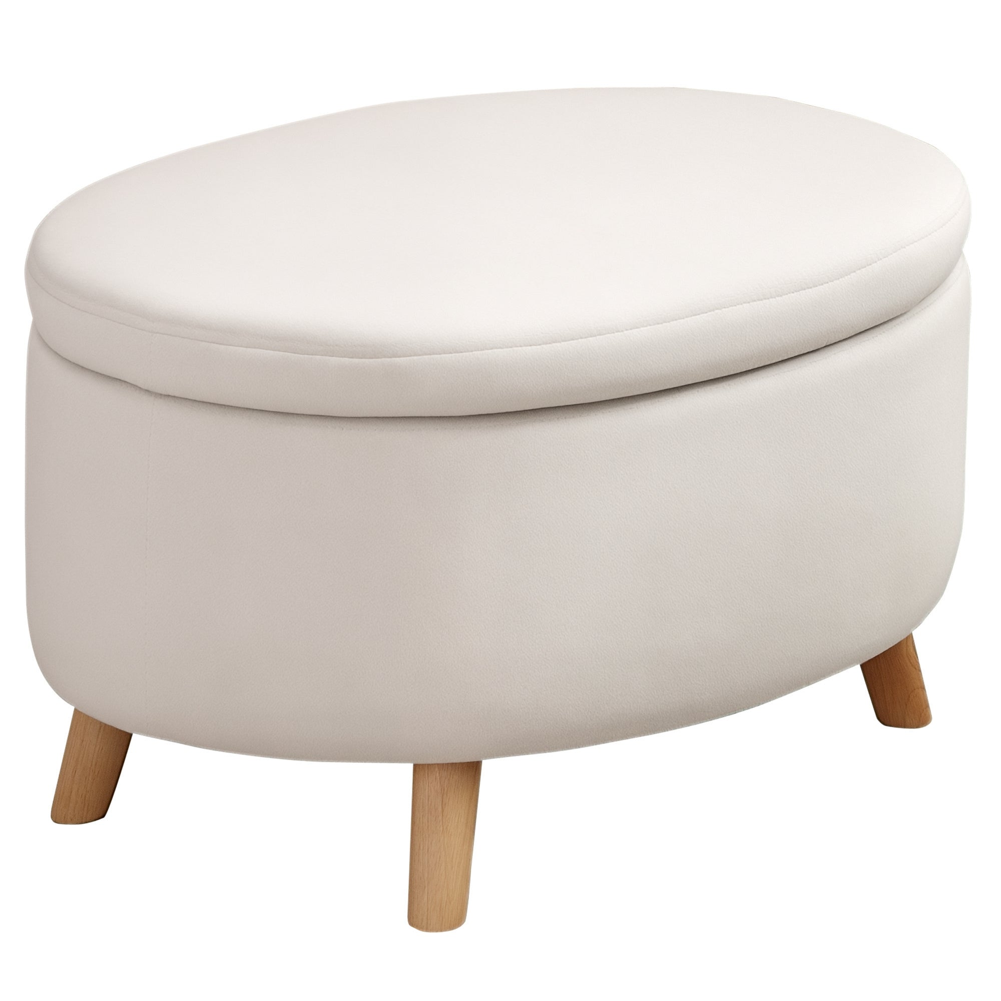 Ottoman with Storage, Oval Ottoman with Lid, Bed Ottoman with Velvet Look, for Hallway Bedroom Living Room, Wooden Legs 71 x 51.5 x 42 cm Beige