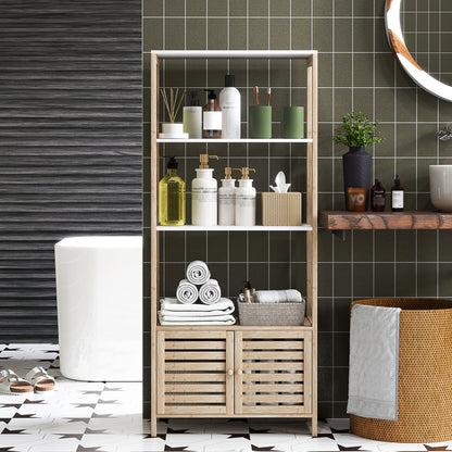 Bamboo Bathroom Shelving Unit with 3 Open Shelves Storage Cabinet with Slatted Doors 63x30x138 cm Natural Wood and White