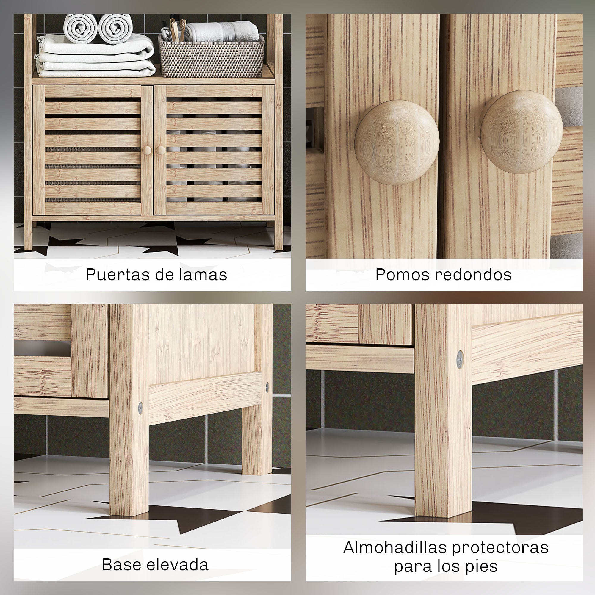 Bamboo Bathroom Shelving Unit with 3 Open Shelves Storage Cabinet with Slatted Doors 63x30x138 cm Natural Wood and White