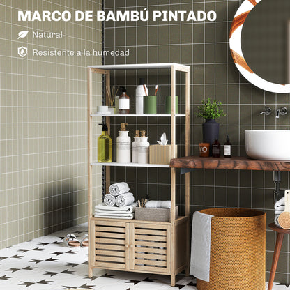 Bamboo Bathroom Shelving Unit with 3 Open Shelves Storage Cabinet with Slatted Doors 63x30x138 cm Natural Wood and White