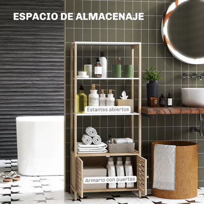Bamboo Bathroom Shelving Unit with 3 Open Shelves Storage Cabinet with Slatted Doors 63x30x138 cm Natural Wood and White