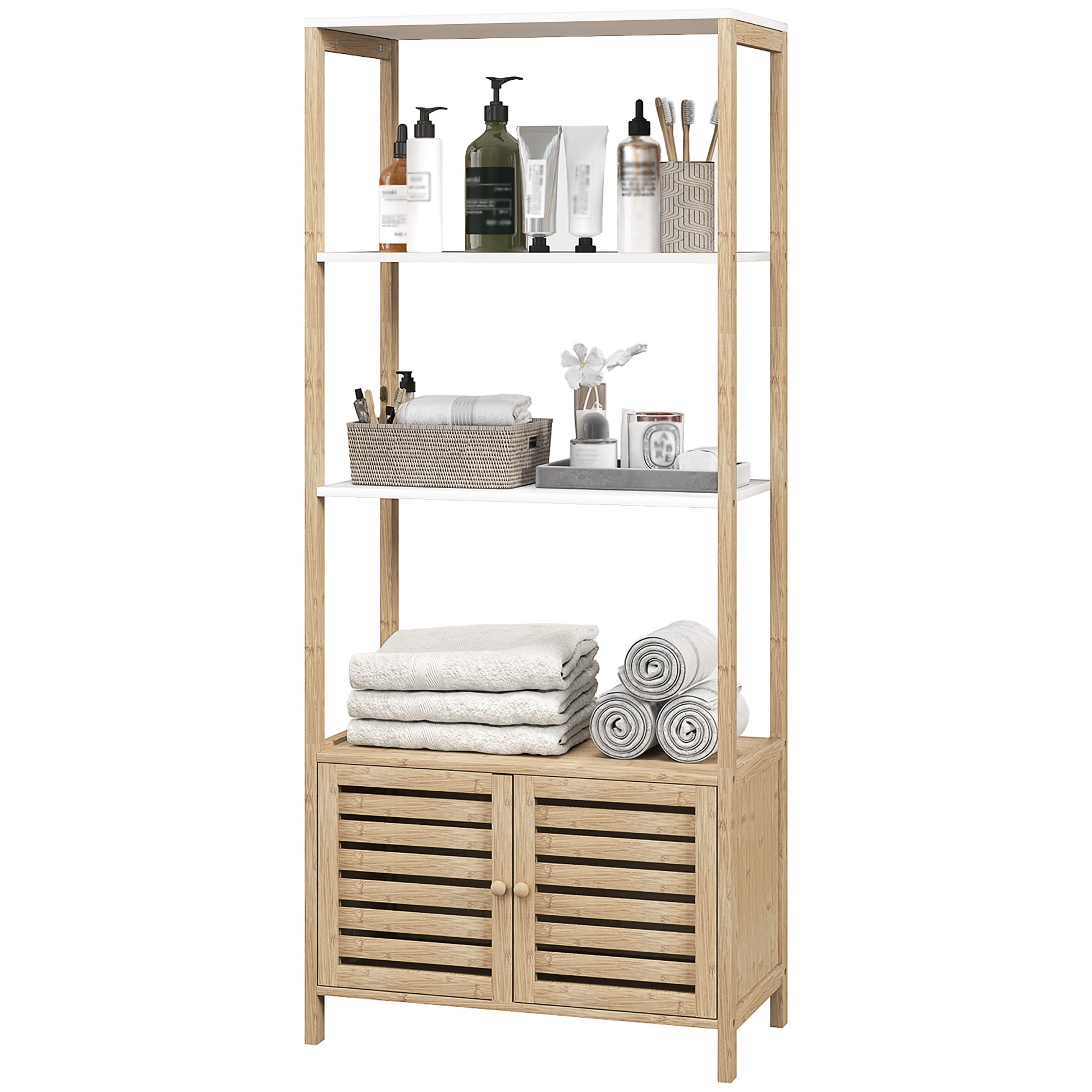 Bamboo Bathroom Shelving Unit with 3 Open Shelves Storage Cabinet with Slatted Doors 63x30x138 cm Natural Wood and White