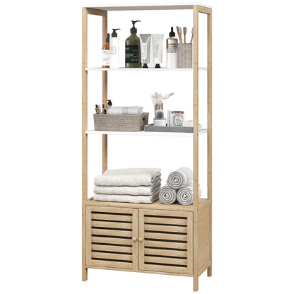 Bamboo Bathroom Shelving Unit with 3 Open Shelves Storage Cabinet with Slatted Doors 63x30x138 cm Natural Wood and White