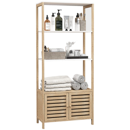 Bamboo Bathroom Shelving Unit with 3 Open Shelves Storage Cabinet with Slatted Doors 63x30x138 cm Natural Wood and White