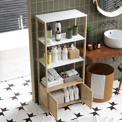 Bamboo Bathroom Shelving Unit with 3 Open Shelves Storage Cabinet with Slatted Doors 63x30x138 cm Natural Wood and White