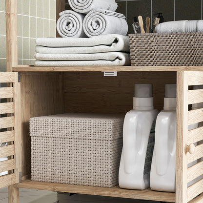 Bamboo Bathroom Shelving Unit with 3 Open Shelves Storage Cabinet with Slatted Doors 63x30x138 cm Natural Wood and White