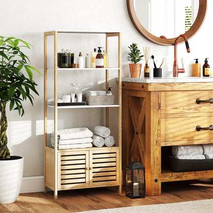 Bamboo Bathroom Shelving Unit with 3 Open Shelves Storage Cabinet with Slatted Doors 63x30x138 cm Natural Wood and White