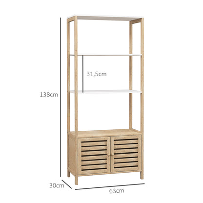 Bamboo Bathroom Shelving Unit with 3 Open Shelves Storage Cabinet with Slatted Doors 63x30x138 cm Natural Wood and White